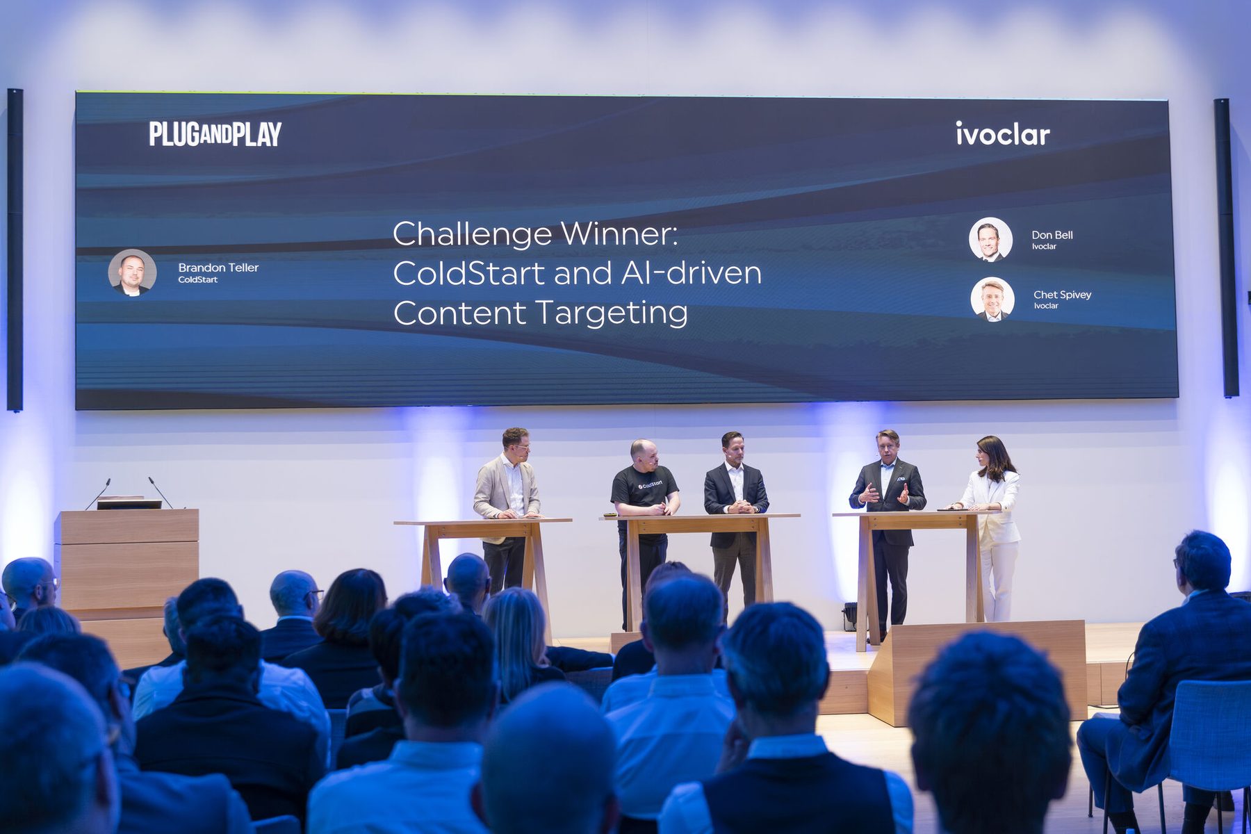 Stage panel announcing ColdStart as Plug and Play Innovation Challenge winner