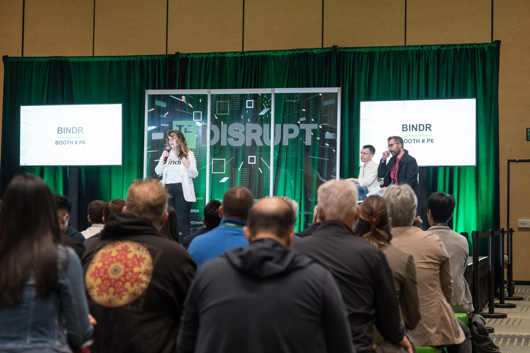 Bindr on the TechCrunch Disrupt stage, with Bindr on both screens